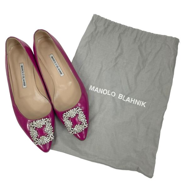 Manolo Blahnik Pink Hangisi Pointed Toe Patent Leather Flats Size 38 - Picture 16 of 16